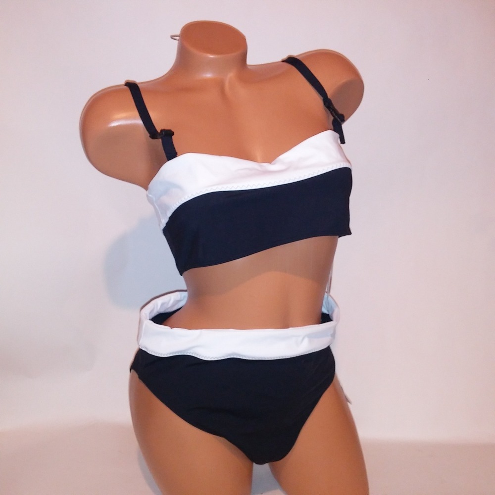 Tropic of C Swim Bikini XL Top & Bottom Black White Colorblock Wireless New